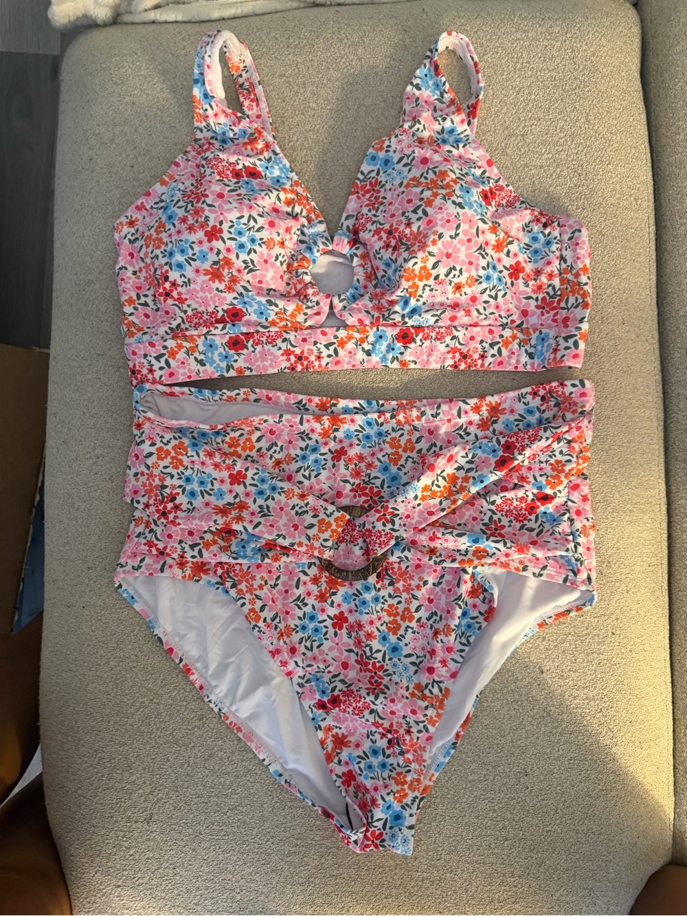 Girls Floral Two-Piece Swim Set with Ring Detail - Pink Multi